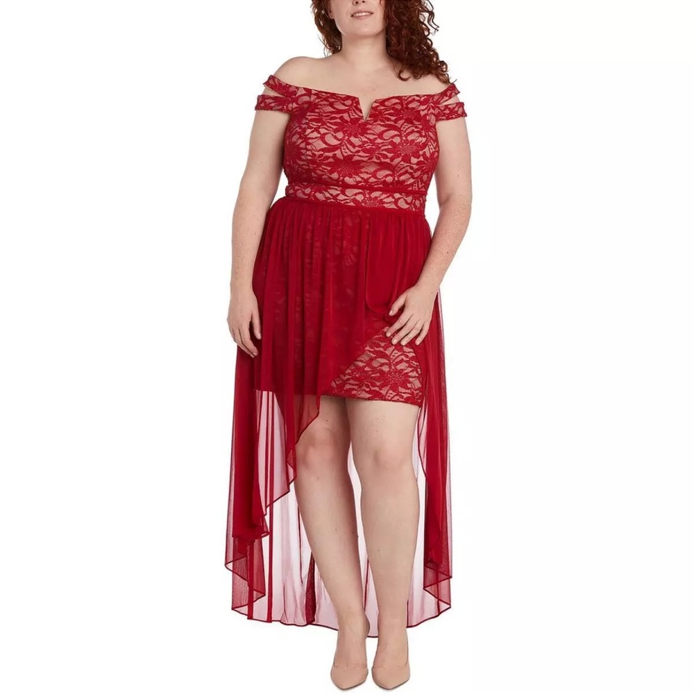 Morgan & Co. Womens Red Off-The-Shoulder Evening Dress Gown - Red/Nude, 18W